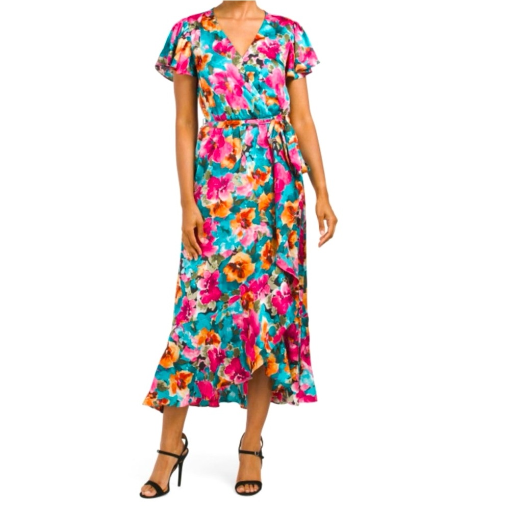 NWT Nicole Miller Satin Floral Wrap Dress Size Large